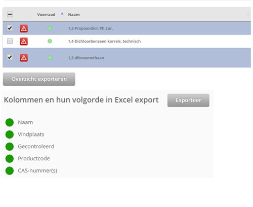 geselecteerde kolommen en chemicalien exportren naar excel